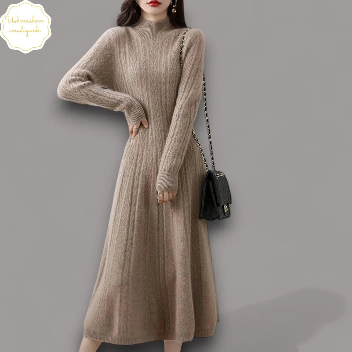 100% Merino Wool Women's Long Knitted Turtleneck Dress | Wool Sweater | Office Wear Autumn Winter Fashion | Warm Stylish Skirt Clothing